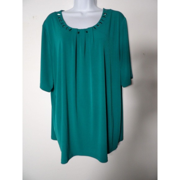 Maggie Barnes 1X 18/20 Teal Green Blouse Shirt Top Slinky Jeweled Artsy Plus - Picture 1 of 10